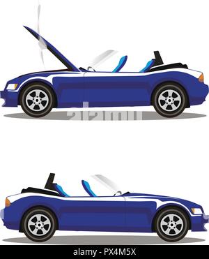 Gebrochene lila Cabrio sport cartoon Auto mit geöffneter Motorhaube mit Rauch bedeckt. Auto Crash vor und nach. Vector Illustration auf weißen backgr isoliert Stock Vektor