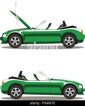 Gebrochene lila Cabrio sport cartoon Auto mit geöffneter Motorhaube mit Rauch bedeckt. Auto Crash vor und nach. Vector Illustration auf weißen backgr isoliert Stock Vektor