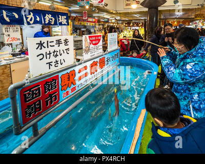 Hakodate Fischmarkt - fang live squid Die schnell getötet werden und für das Essen an den Markt vorbereitet. Stockfoto