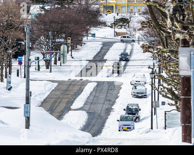 Beheizte Straße Japan - Beheizte Fahrbahn in Hakodate auf der Nördlichen japanischen Insel Hokkaido Stockfoto