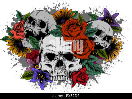 Totenkopf mit Blumen, mit Rosen. Zeichnung von Hand. . Abbildung: Stockfoto