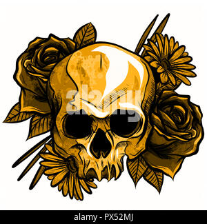 Totenkopf mit Blumen, mit Rosen. Zeichnung von Hand. . Abbildung: Stockfoto