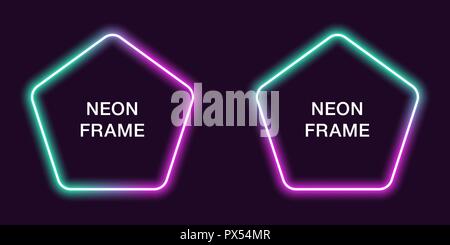 Neon Rahmen in fünfeckiger Form. Vektor Vorlage von Neon Grenze in Türkis und Violett, kreativ glühende Pentagon in Umriß. Hintergrund für des Stock Vektor