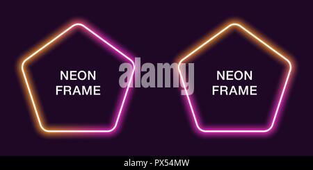 Neon Rahmen in fünfeckiger Form. Vektor Vorlage von Neon Grenze in orange und rosa Farbe, kreativ glühende Pentagon in Umriß. Moderne Hintergrund für d Stock Vektor