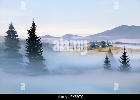 Nebeliger morgen in den Bergen, mit Blick auf das Bergdorf im tiefen Nebel; Tannen im Vordergrund, die Berge im Hintergrund. Stockfoto