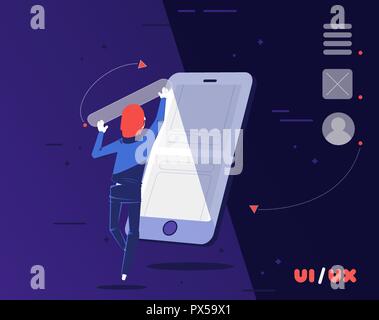 UI/UX-Designer, der eine neue App für Smartphones. In einer digitalen Welt der Benutzer Erfahrung/Interface Designer ist der Architekt der Neuen Welt. Stock Vektor