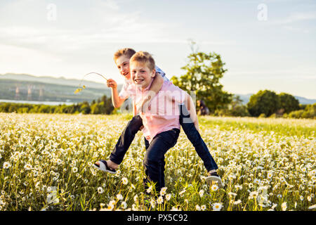 Porträt von zwei Glückliche fröhliche Brüder bei Sonnenuntergang, outdoor Stockfoto