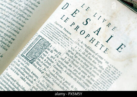 Alte Bibel in französischer Sprache, 1669. Alten Testament. Großen Propheten. Jesaja. Stockfoto