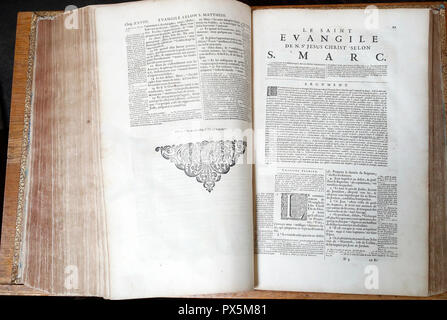 Alte Bibel in französischer Sprache, 1669. Neuen Testament. Evangelium. Mark. Stockfoto