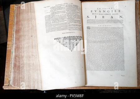 Alte Bibel in französischer Sprache, 1669. Neuen Testament. Evangelium. John. Stockfoto