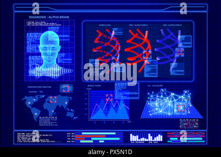 Futuristische virtuelle Grafik künstliche Intelligenz computer auf blauem Hintergrund angezeigt, Illustrator Bild Stockfoto