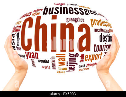 China Wort Cloud Hand Kugel Konzept auf weißem Hintergrund. Stockfoto