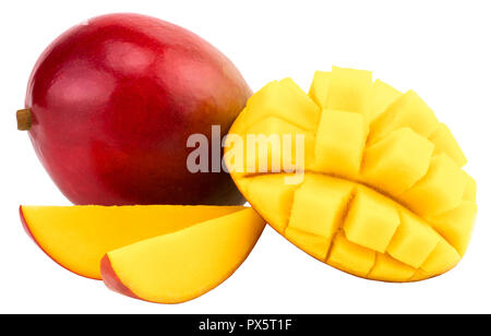Mango Obst mit Mango Würfel und Schichten. Auf einem weißen Hintergrund. Stockfoto