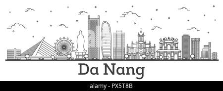 Umrisse Da Nang Vietnam Skyline der Stadt mit historischen Gebäuden isoliert auf Weiss. Vector Illustration. Da Nang Stadtbild mit Sehenswürdigkeiten. Stock Vektor
