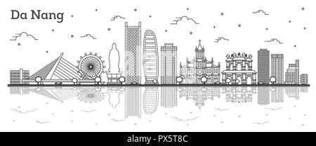 Umrisse Da Nang Vietnam Skyline der Stadt mit historischen Gebäuden und Reflexionen isoliert auf Weiss. Vector Illustration. Da Nang Stadtbild mit Sehenswürdigkeiten. Stock Vektor