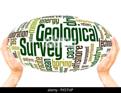 Geologische Übersicht word Cloud Hand Kugel Konzept auf weißem Hintergrund. Stockfoto