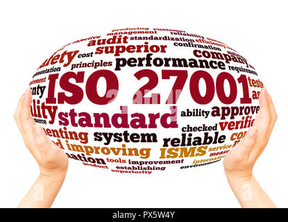 ISO 27001 - Information Security Management, Word cloud Konzept auf weißem Hintergrund. Stockfoto