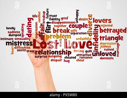 Verlorene Liebe Wort cloud und Hand mit Marker Konzept auf weißem Hintergrund. Stockfoto