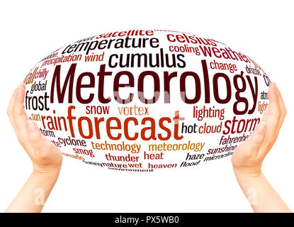 Meteorologie Wort Cloud Hand Kugel Konzept auf weißem Hintergrund. Stockfoto