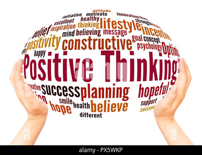 Positives Denken, word Cloud Hand Kugel Konzept auf weißem Hintergrund. Stockfoto