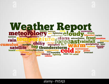 Wetter Wort cloud und Hand mit Marker Konzept auf weißem Hintergrund. Stockfoto