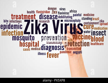 Zika Virus word Cloud und Hand mit Marker Konzept auf weißem Hintergrund. Stockfoto
