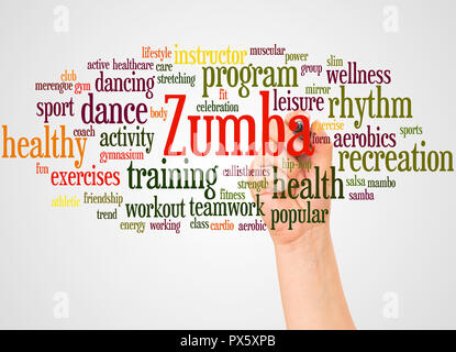 Zumba Fitness Wort cloud und Hand mit Marker Konzept auf weißem Hintergrund. Stockfoto