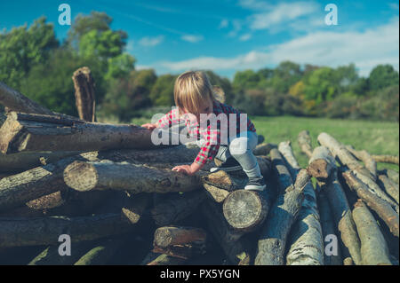 Ein kleines Kind klettern auf einige Protokolle im Wald Stockfoto