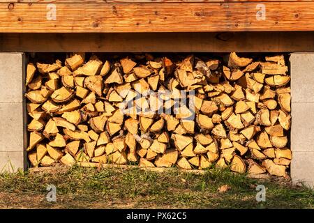 Brennholz für das ökologische Haus. Die Vorbereitung für den Winter. Gespeichert Kraftstoff für den Winter. Lager von Holz Stockfoto