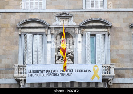 Freien politischen Gefangenen und Verbannten, Poster, Banner, aus, auf, Rathaus, Ajuntament de Barcelona, Barcelona, Katalonien, Katalonien, Katalonien, Spanien, Stockfoto