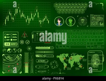 Futuristisch leuchtendes Grün futuristische User Interface Konzept mit Diagrammen, Grafiken, Buttons und Tastaturen Stock Vektor