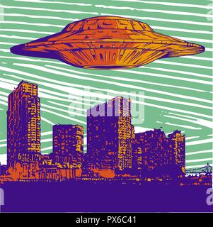 Vector Illustration UFO mit Licht Fliegen über Stadt bei Nacht Stock Vektor