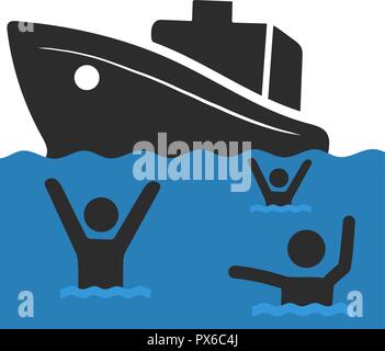 Der Flüchtling Familie mit Kindern. Segeln nach Europa auf dem Boot. Land Übergang und das Leben im Flüchtlingslager. Europäische Migranten Krise Konzept. Vector Illustration, isoliert. Stock Vektor