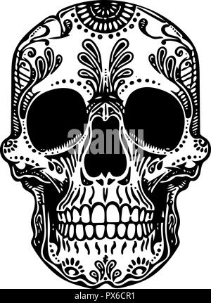 Vector Schwarz und Weiß Tattoo Mexican Skull Illustration Stock Vektor