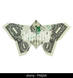 Geld Origami schmetterling insekt Gefaltet mit Real One Dollar Bill isoliert auf weißem Hintergrund Stockfoto