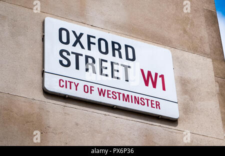 Oxford Street Schild, London W1, England, UK Stockfoto