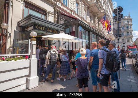 Touristen Warteschlange am Eingang des berühmten Café Sacher in Wien, Österreich, Europa Stockfoto