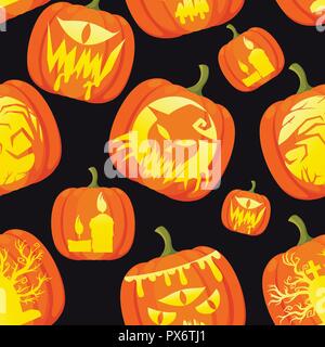 Nahtlose Muster. Scary Halloween Kürbisse. Gemusterte Kürbis mit Licht im Inneren. Flache Vector Illustration auf schwarzen Hintergrund. Stock Vektor