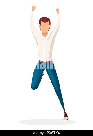 Glücklicher Mann in Jeans springen. Cartoon Charakter. Kein Gesicht Design. Flache Vector Illustration auf weißem Hintergrund. Stock Vektor