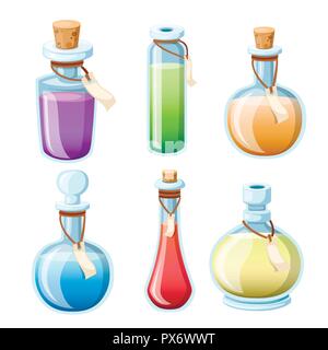 Satz von Zaubertränken. Flaschen mit bunten Flüssigkeit. Spiel Symbol der Magie Elixir. Purpurner Zaubertrank Flachbild-Symbol. Mana, Gesundheit, Gift oder Magic Elixir. Vektor i Stock Vektor