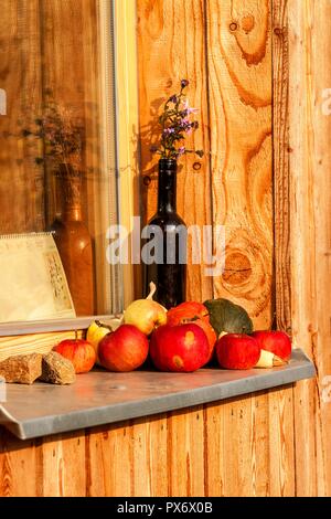 Äpfeln auf dem Fensterbrett eines Holzhauses. Am Abend auf der Farm. Herbst Zeit. Ernte Stockfoto