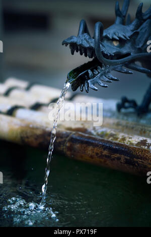 Dragon Head Chozubachi, Chozuya, Wasser Reinigungsritual Waschbecken zum Waschen der Hände vor dem Eintritt in einen Schrein in Kyoto, Japan Stockfoto