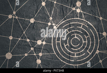 Broschüre oder Report Design vorlage. Angeschlossene Leitungen mit Punkten. Kreisförmiges Labyrinth schwarz auf weißem Hintergrund Stockfoto