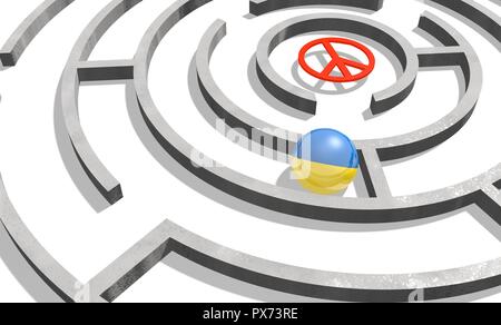 Bild relativ Situation in der Ukraine zu Politik. Nationalflagge texturierte Kugel Labyrinth. 3D-Rendering Stockfoto