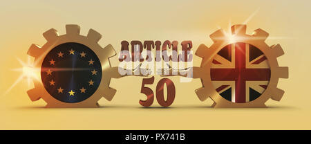 Vereinigtes Königreich verlassen Europa relative Bild. Brexit namens Politik. Nationale Flaggen auf goldenen Zahnrädern. 3D-Rendering. Handshake Metapher. Ein Stockfoto