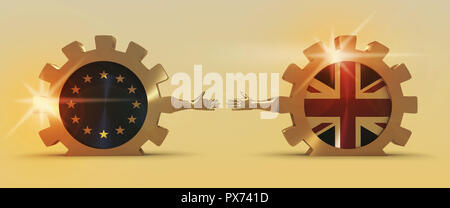 Vereinigtes Königreich verlassen Europa relative Bild. Brexit namens Politik. Nationale Flaggen auf goldenen Zahnrädern. 3D-Rendering. Handshake Metapher Stockfoto