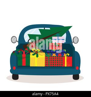 Gruß Weihnachtskarte mit retro Auto mit Geschenkboxen und Weihnachtsbaum Stock Vektor