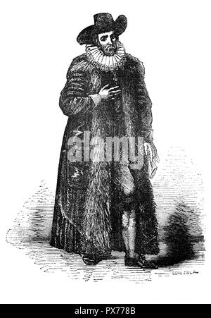 Edward "Ned" Alleyn (1566-1626) war ein englischer Schauspieler, war eine wichtige Figur des elisabethanischen Theaters und Gründer von Dulwich College und Alleyn's School und durch allgemeine Zustimmung als wichtigster Akteur seiner Zeit; seine einzige schließen Rivale war Richard Burbage. Alleyn zog sich auf der Höhe seines Ruhmes um 1598, und es wird gesagt, dass Queen Elizabeth aufgefordert, bei seiner Rückkehr auf die Bühne, die er im Jahr 1604, das Jahr nach ihrem Tod. Alleyn starb im November 1626 und wurde in der Kapelle des College, das er gegründet hatte, begraben. Stockfoto