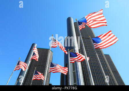 Die Wolkenkratzer des Renaissance Center, auf Detroit Riverfront, durch General Motors gehört, wie es die Welt HQ, in Michigan, USA Stockfoto