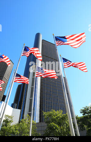 Die Wolkenkratzer des Renaissance Center, auf Detroit Riverfront, durch General Motors gehört, wie es die Welt HQ, in Michigan, USA